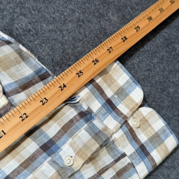 Todd Snyder Mens LS Button Shirt 100% Linen Blue Brown White Check Sz Large Lux - Picture 11 of 12